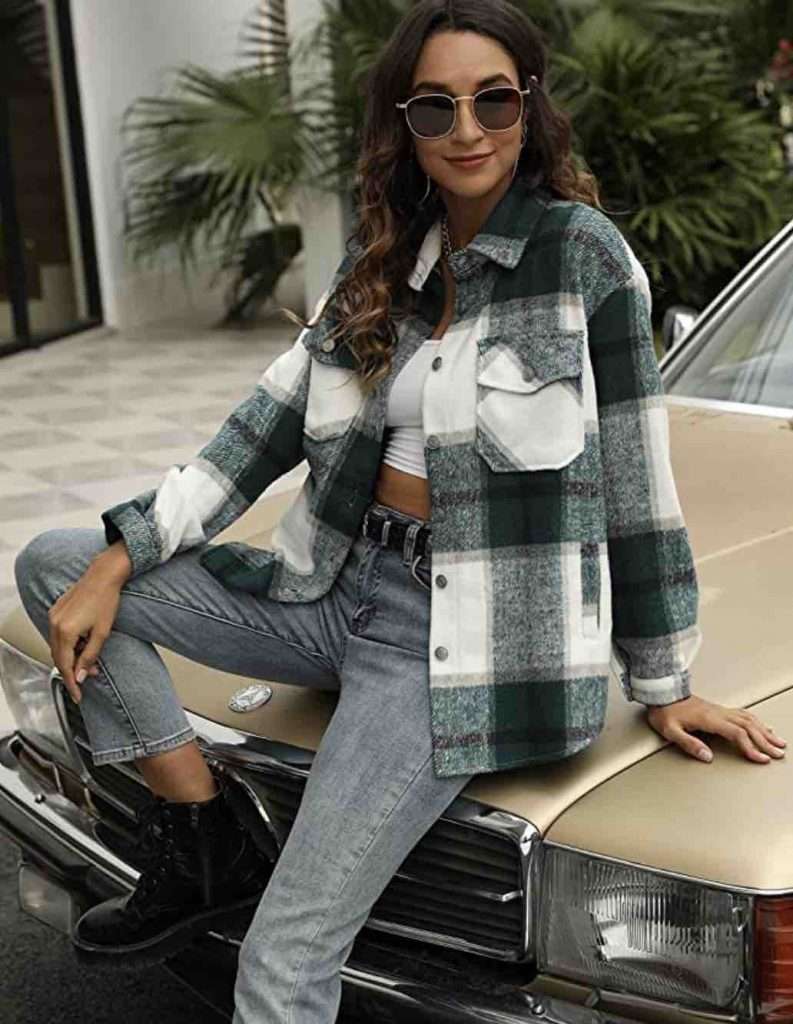 1. UANEO Womens Casual Plaid Wool Blend Button Down Long Sleeve Shirt Jacket Shackets