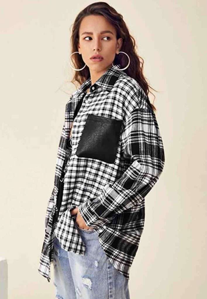 6. SweatyRocks Womens Long Sleeve Collar Long Button Down Plaid Shirt Blouse Tops