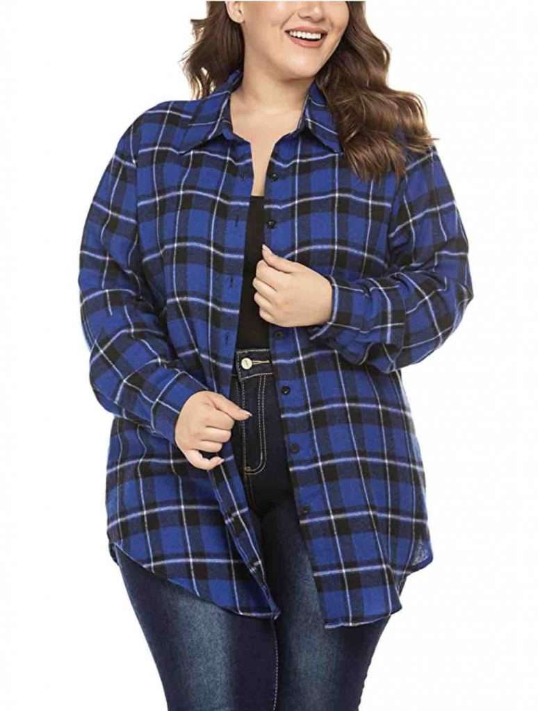 9. INVOLAND Womens Plus Size Flannel Plaid Shirt Roll Up Long Sleeve Mid Long Button Down Shirts Casual Boyfriend Tops