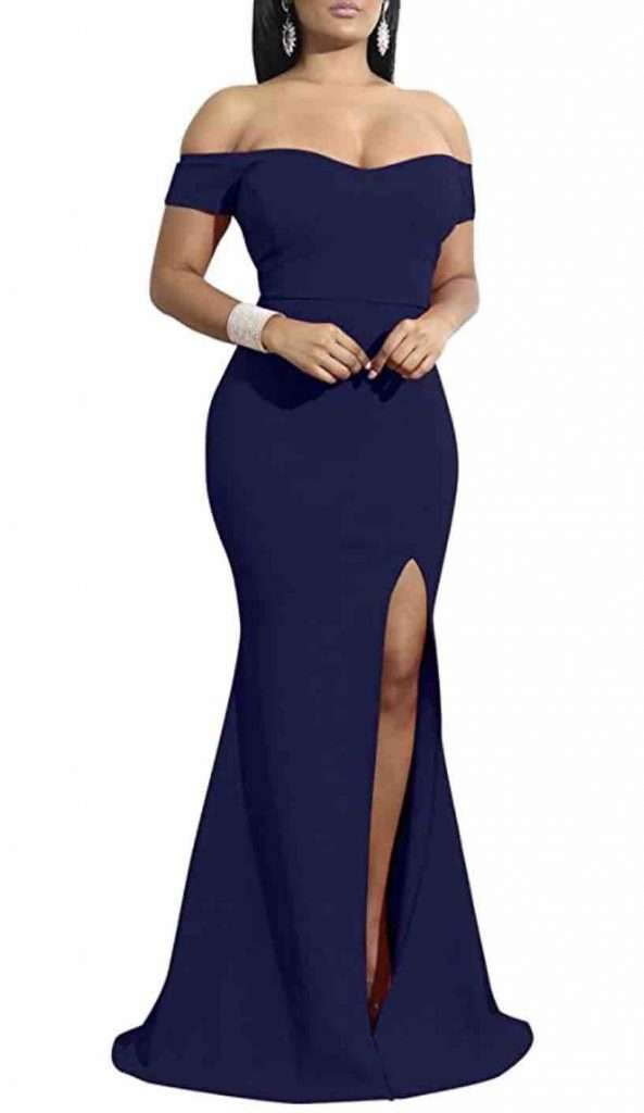 9. YMDUCH Womens Off Shoulder High Split Long Formal Party Dress Evening Gown